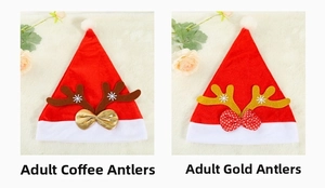 Detail of red velvet adult Christmas hats with coffee and gold antlers and bow ties