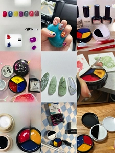 Solid nail gel polish palette showing primary colors and mixing process for nail art designs