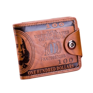 Short brown leather wallet for men with creative 100 dollar bill pattern and snap closure