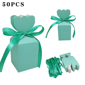 Teal green petal-shaped gift boxes with satin ribbons and 50pcs flat shipping sheets