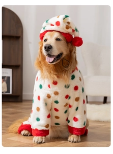 Close-up of golden retriever wearing soft polka dot fleece pajamas and a matching pompom hat
