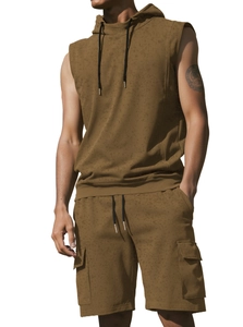 Detailed knit cotton texture of brown sleeveless hoodie and matching shorts set