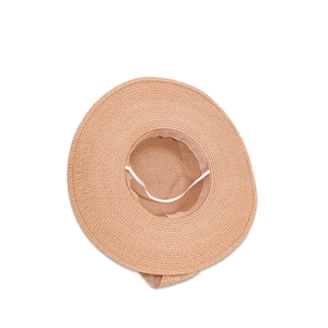 Detailed top view of wide brim straw hat showing inner weave texture and elastic wind strap