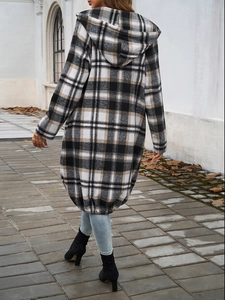 Back view of a long hooded coat with a black, white, and beige plaid pattern in loose fit