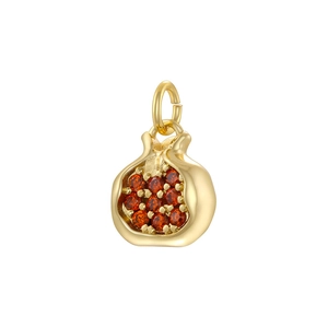Creative gold pomegranate pendant with red cubic zirconia stones on white background