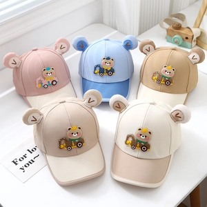 Cute kids baseball caps with bear ears and cartoon excavator embroidery in five colors