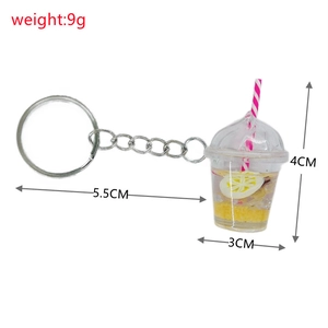 Miniature lemon bubble tea cup keychain dimensions showing 5.5cm total length and 9g weight