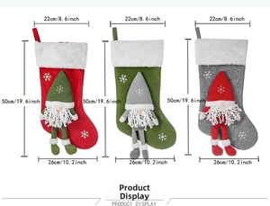Detailed dimensions of three knitted Christmas stockings featuring 3D gnome decorations