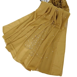 Mustard yellow chiffon headscarf featuring elegant white pearls and subtle rhinestones
