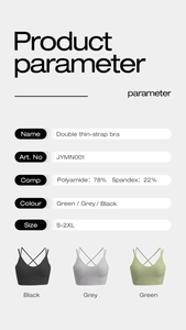 Detailed spec sheet for double thin-strap sports bra in black, grey and green colors