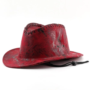 Red distressed camouflage western cowboy hat with black crackle patterns and chin strap