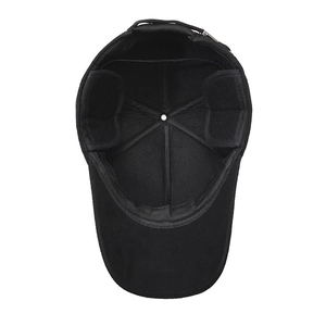 Black winter baseball cap with ear flaps and adjustable strap on a white background