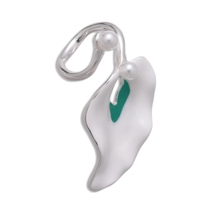 Irregular silver petal open ring with white enamel and pearls in abstract vintage style