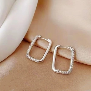Elegant silver rectangular geometric hoop earrings with sparkling pave-set cubic zirconia
