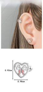 Detail showing pink butterfly heart earring dimensions of 0.92cm by 0.98cm