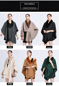 Detail view of knit poncho cardigans with faux fur collars in six various colors