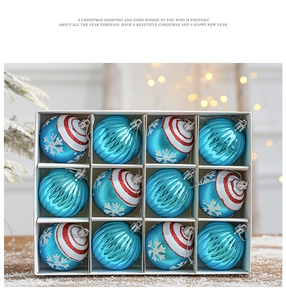 Detail of 12-pack blue Christmas ball ornaments with silver snowflakes in a box
