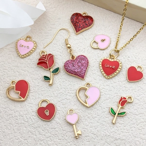 Colorful rose flower and hollow heart enamel pendants with glitter finish on gold metal