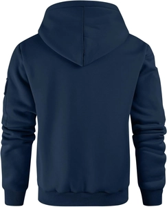 Vista posterior de sudadera con capucha azul marino con puños acanalados y textura de tela