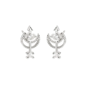 Chic silver arrow crescent stud earrings featuring a heart shaped zircon stone