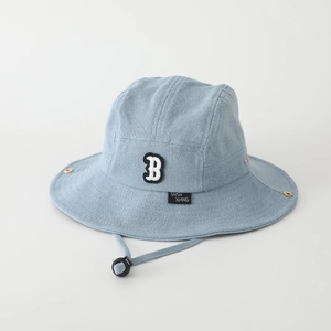 Detail of light blue denim bucket hat with embroidered B patch and adjustable wind rope