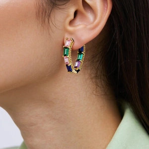 Chic 18K gold plated hoop earrings with vibrant rectangular cut colorful zircon stones
