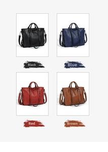 Four colors of large leather tote bags shown in black, blue, red, and brown textured leather