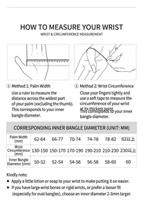 Size guide for stainless steel bangles with palm width and circumference measurement table