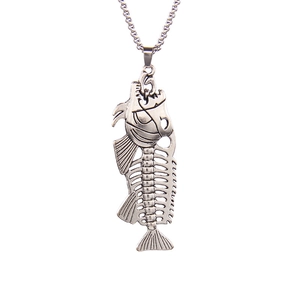Vintage silver fishbone pendant necklace with detailed punk style on white background