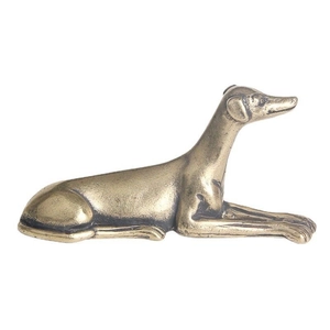 Vintage bronze-plated greyhound figurine sitting in a resting pose for home decor