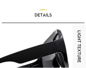 Close-up detail of reinforced hinge and light texture of black oversized sunglasses