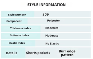 Size chart showing polyester denim shorts details with moderate thickness and burr edges