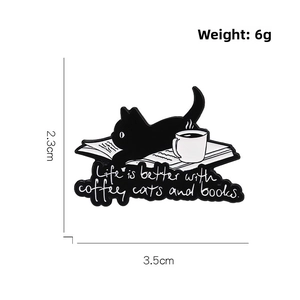 Detail view of cat and coffee enamel pin with precise 2.3cm x 3.5cm dimensions