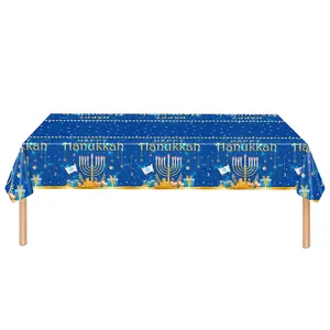 Hanukkah table cover featuring blue and gold Menorah motifs and Star of David patterns