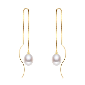 Elegant S925 silver long drop earrings with white pearls and gold chain