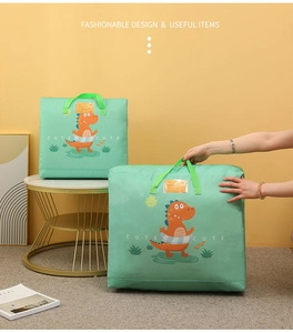 Close-up of durable oxford fabric storage bag featuring cute dinosaur print and sturdy handle