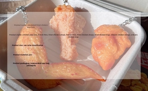 Macro shot of realistic PVC fried chicken keychain textures in a paper package box