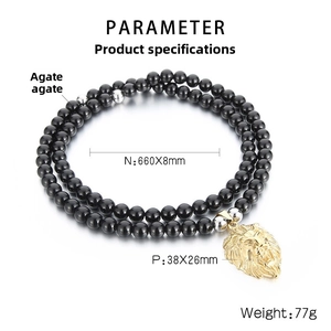 Detailed specs of 8mm black agate bead necklace with a gold lion head pendant