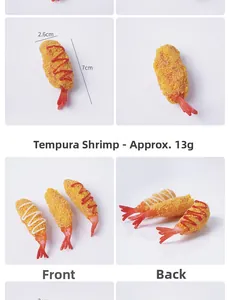 Detailed four-angle macro shots of realistic fried tempura shrimp keychain with red tail