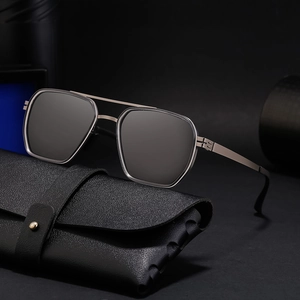 Polarized TR metal aviator sunglasses with dark lenses and leather case for men