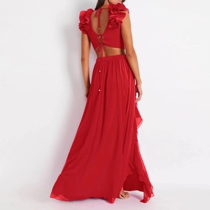 Elegant red two-piece set featuring backless ruffle top and flowing maxi skirt