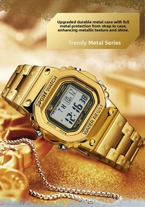 Macro shot of gold square digital sports watch with metal strap and 50M waterproof detail