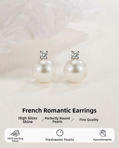 Close-up of S925 sterling silver earrings with zircons and lustrous freshwater pearls