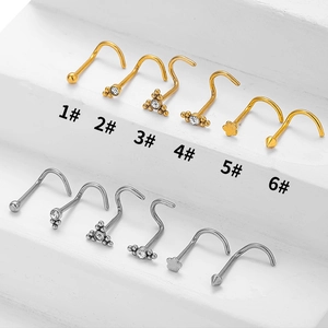6-piece stainless steel nose ring set with clear cubic zirconia in gold and silver finish