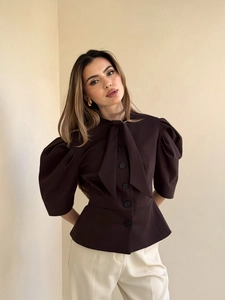 Elegant dark brown puff sleeve shirt with bow neckline and slim fit waist design