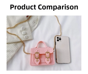 Mini pink jelly satchel with gold chain strap shown next to a smartphone for size scale