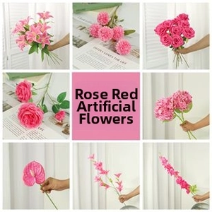 Detail showcase of various faux rose red flowers including hydrangeas and carnations