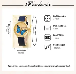Detailed size specifications for women quartz watch with 37mm dial and blue butterfly pattern