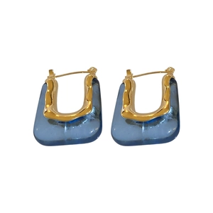 French vintage gold metal U-shaped acrylic earrings with transparent blue resin