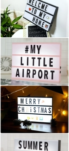 Detailed views of LED letter light boxes in black and pink frames for home decor